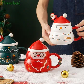 Noel Seramik kapaklı kupa Kaşık 480 ml Noel Noel Baba Fincan porselen Kahve Süt çay fincanları Ofis Hediye için Noel