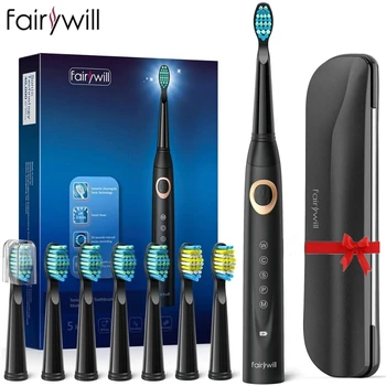 Fairywill Elektrikli sonik Diş Fırçası Su Geçirmez 5 Modları USB Şarj Şarj Edilebilir Yetişkin 8 fırça değiştirme Kafaları Diş Fırçası Hediye