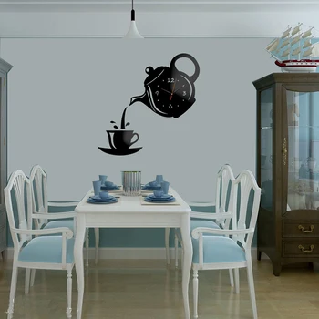 Yaratıcı çaydanlık su ısıtıcısı duvar saati 3D Akrilik Kahve çay bardağı duvar saati s Ofis Ev Mutfak Yemek Oturma Odası Süslemeleri