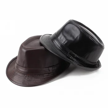 Basit Caz Kapaklar Erkekler PU Deri Fedoras Şapka Erkek Sonbahar Kış Retro Melon Şapkalar Vintage Siyah Panama Kap