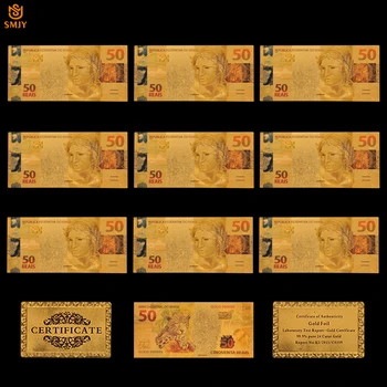 10 Adet / grup Hatıra Brezilyalı Renk Altın Banknot Seti 50 Reals Çoğaltma Para Toplama Ve Sanatçı Ev Dekorasyon Hediyeler