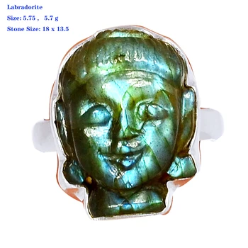 Hakiki Labradorit Buda Larimar Amazonit Lapis Turkuaz Yüzük 925 Ayar Gümüş Boyutu 6.75 veya Daha Küçük