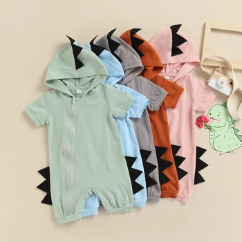 2021-12-20 Lioraitiin Bebek Bebek Kız Erkek Romper Kısa Kollu Düz Renk Hayvan Boynuzları Kapşonlu Tulum Yaz günlük kıyafetler