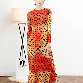 Miyake issey Miyake tasarımcı kadın pilili sonbahar uzun kollu yuvarlak boyun midi etek ve bel baskılı dip elbise