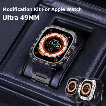 Kayış + Kılıf Apple Ürünü İçin Ultra 49mm Lüks Modifikasyon Kiti Paslanmaz Çelik Metal Kasa Silikon Kayış iWatch İçin Ultra mod seti