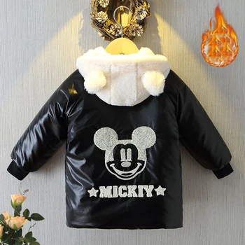 Kızlar Kış Aşağı Palto Erkek Mickey Mouse Kapşonlu Ceketler 2022 Yeni Çocuk Disney Peluş Giyim 2-7 Yıl Çocuk Sıcak Giysiler