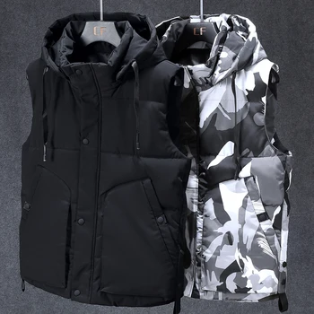Artı Boyutu L-7XL Sonbahar Kış Kolsuz Ceket Erkekler İçin 2022 Yeni Marka Kamuflaj Pamuk Yelek Kapşonlu Sıcak Rahat Siyah Yelek
