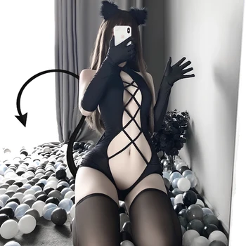 Seksi İç Çamaşırı Kadın Porno Bodysuit Erotik japon animesi Şeytan Cosplay Kostümleri Açık Ön Rol Oynamak İç Çamaşırı Seti