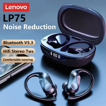 Lenovo LP75 Gerçek kablosuz kulaklıklar TWS Bluetooth 5.3 Gürültü Azaltma Spor Kulak Kancası HiFi Stereo Su Geçirmez Oyun Kulaklık