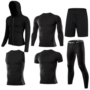 Erkek Sıkıştırma Spor Takım Elbise Koşu Seti Erkek Koşu Egzersiz Spor Giyim Seksi Sıkı Spor Eğitimi Eşofman Siyah