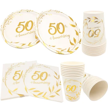 8 Adet Altın 50th Yıldönümü Düğün dekorasyon kağıdı Tabak bardak peçete Mutlu Doğum Günü Partisi Dekorasyon Malzemeleri