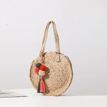 niş tasarım sevimli saç topu hasır çanta büyük kapasiteli yuvarlak dokuma çanta kadın tek omuz el plaj çantası