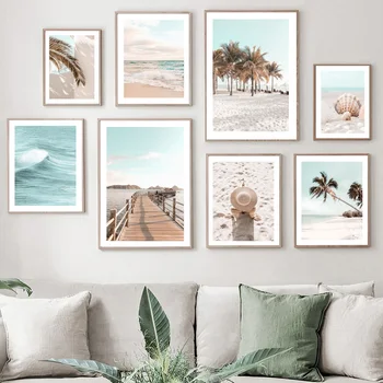 Bej Plaj Mavi Deniz Palmiye Ağacı Denizyıldızı duvar sanatı tuval yağlıboya İskandinav Posterler Ve Baskılar Duvar Resimleri Için Oturma Odası Dekor