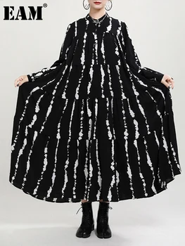 [EEM] Kadınlar Büyük Boy Çizgili Baskılı uzun elbise Yeni Standı Yaka Uzun Kollu Gevşek Fit Moda İlkbahar Sonbahar 2023 1DD1565
