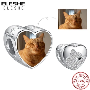 ELESHE Kişiselleştirilmiş Özel Fotoğraf Charm 925 Ayar Gümüş Kakma Zirkon Sevimli Pet Kedi Kalp Boncuk Fit Bilezik Kadınlar DIY Takı
