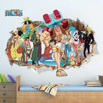 Karikatür anime posteri Luffy Kırık duvar 3d etkisi duvar çıkartmaları çocuk odası için Duvar çıkartmaları Tek Parça Posterler çocuklar Hediye Duvar