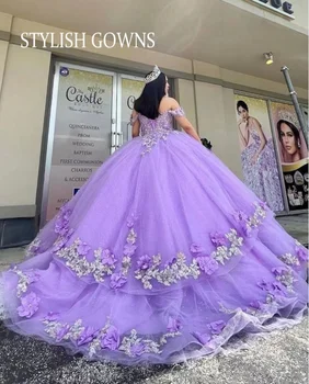 Büyüleyici Mor Sevgiliye Balo Quinceanera Elbise Boncuklu Korse Elbiseler Prenses 3D Çiçekler Balo Abiye Tatlı 16 Mezuniyet