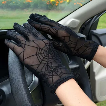Moda Seksi Yaz Kadın Tam Parmak Kısa Dantel Eldiven Kadın Sürüş Örümcek Web Desen Güneş Anti-Uv Siyah Eldiven