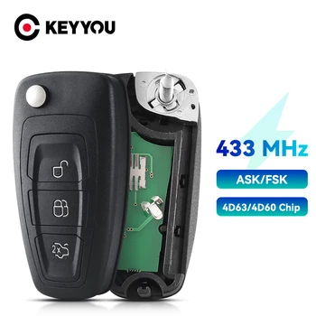 KEYYOU 3 Düğmeler 434/433 Mhz FSK Ford Mondeo Odak İçin C-Max 2011 2012 2013 2014 Araba uzaktan kumandalı anahtar 4D63 Çip 40/80 Bit