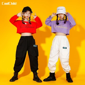Kızlar Hip Hop Düz Renk Kazak Kargo pantolon Çocuk Kırpma Üst Joggers Sokak Dans Giyim Setleri Çocuklar Streetwear Kostüm Kıyafet