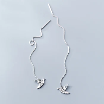 100 % Gerçek 925 Ayar Gümüş Kuş Damla Küpe Sevimli Geometrik Şekil Kuşlar Uzun Çekme Geçirici Küpe Kadınlar için