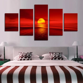 Tuval Resimleri Modüler Ev Dekor 5 Parça Günbatımı Kırmızı Güneş Deniz Doğal Manzara Posteri Deniz Manzarası Resimleri Oturma Odası Duvar Sanatı