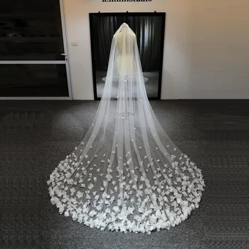 Gelin Veils Beyaz Aplike Tül 3 Metre veu de noiva Uzun düğün Veils Gelin Aksesuarları Dantel Gelin Peçe