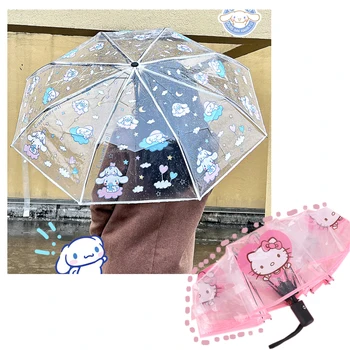 Sanrioed Cinnamoroll Kittys Kuromi Tam Otomatik Şeffaf Şemsiye Sevimli Anime Kawaii Kalınlaşmış Katlanabilir Taşınabilir Şemsiye