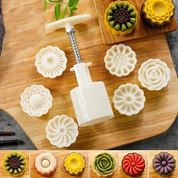6 adet / takım Sonbahar Ortası Çiçek Mooncake Kalıp DIY El Basın Fondan Mooncake maş fasulyeli kek Kalıp Plastik Kek Basın Pişirme Aracı