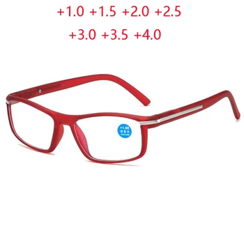 Elastik Menteşe Anti mavi ışık Kare Presbiyopik gözlük Kadın erkek Kırmızı Çerçeve Hipermetrop Reçete Gözlük + 1.0 + 1.5 ila + 4.0