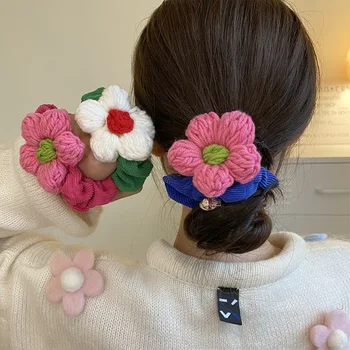 Kore Tatlı Yün Çiçekler Elastik Saç Bantları Kafa Halat Kızlar İçin Basit Şeker Renk Lastik Bant Scrunchie saç aksesuarları