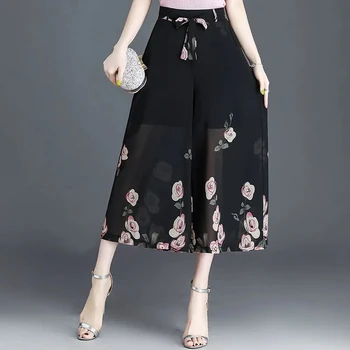 Kadın Pantolon bel kemeri Kadın Pantolon 2022 İlkbahar Yaz Kırpılmış Çiçek Culottes Gevşek Yüksek Bel Örtü Düz Bacak Anne Bl