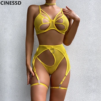 CINESSD 4 Parça Örgü Egzotik Seti Kadın Gerdanlık Bandaj Fantezi Kiti Sarı Cut Out Seksi iç çamaşırı seti