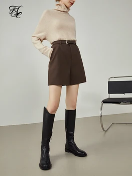 FSLE kadın Kış Gri Yün Şort Kemer Tasarım Yüksek Bel Kalınlaşmak Casual Kısa Banliyö Gevşek Kahve Rengi kısa pantolon