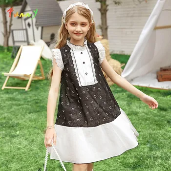 Yaz 2022 Genç Kız Elbise Rahat Dantel Patchwork Prenses Çocuk Lolita Elbise Diz Boyu Çocuk Giyim # MBD121