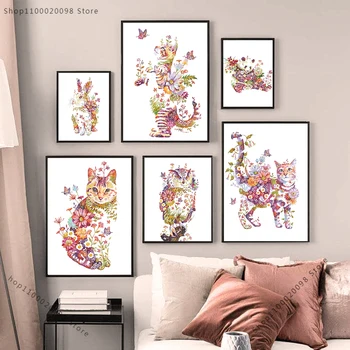 Renkli Kedi Köpek Tavşan Kaplan Hayvan Tuval Boyama Karikatür Posteri Kreş Duvar Sanat Baskı Pembe Çiçek Resimleri Çocuk Odası Dekor