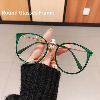 Moda Yuvarlak Kadın Gözlük Çerçeve Vintage Retro Şeffaf Lens Gözlük Erkekler Optik Leopar Yeşil Gözlük Çerçevesi