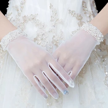 Kore düğün elbisesi Dantel İnci Eldiven Yaz Kadın İnce Örgü Şeffaf Tam Parmak Polka Dot Sürüş Güneş Koruyucu Eldivenler K58