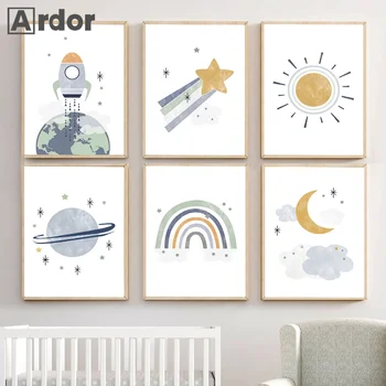 Gezegen Roket Toprak sanat posterleri Güneş Gökkuşağı Yıldız Ay Tuval Boyama Nordic Kreş Baskı Duvar Resimleri Çocuk Boys Odası Dekor