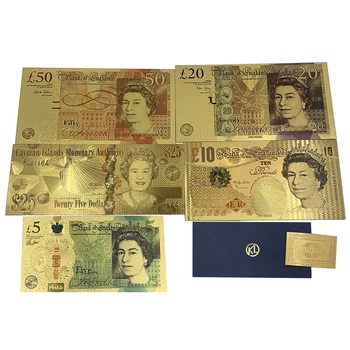5 adet / grup İNGILTERE Renkli Altın Banknot 5 10 20 25 50 Pound Banknot Altın Kaplama Sahte plastik Kağıt Para Koleksiyonu İçin