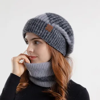 Kış Kadın Kasketleri Snood Setleri Iki Renk Örme Şapka Sıcak Rahat Açık Rüzgar Geçirmez Kalınlaşmak Yumuşak Eşarp Beannie Şapka Kadın