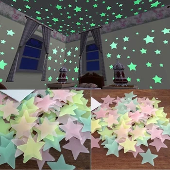 100 adet 3D Yıldız Glow Karanlık Aydınlık Floresan Plastik Duvar Sticker Ev Dekor Çıkartması Duvar Kağıdı Dekoratif