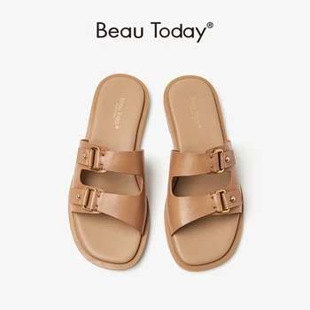 BeauToday Rahat Terlik Kadın Hakiki Deri Metal Toka Kayış Slaytlar Flats Yaz Açık kadın ayakkabısı El Yapımı 36241