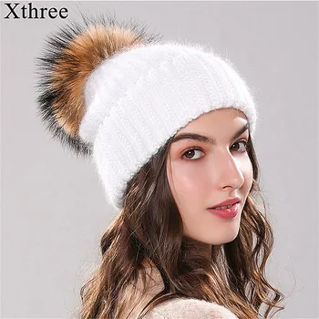 Xthree 70 % Angola Tavşan Kürk Örme Şapka Gerçek Kürk Pom Pom Şapka Skullie Bere Kış Şapka Kadınlar için kız Şapka Kadın Kap