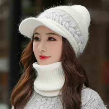 Yeni Kış Şapka Tavşan kürk Tutmak Boyun İsıtıcı şapka seti Kalın Bere Kap Rahat Kış Şapka Kadınlar İçin Eklemek Kürk Astar Sıcak Örme Şapka