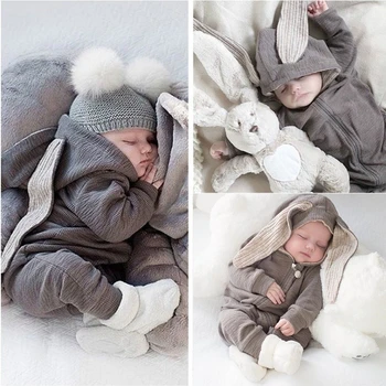 Yenidoğan Bebek Kız pamuklu uzun kollu tişört Romper Erkek Bebek Tavşan Kulakları Kapşonlu Giysileri 0-24M