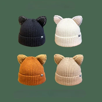 Güzel Kedi Kulaklar Örme Şapka Kış Ebeveyn-çocuk Düz Renk Sıcak Şapka Bayan Kawaii Sonbahar Kasketleri Çocuklar Örgülü Cochet Moda Kap