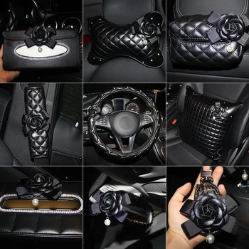 Kamelya Siyah Çiçek Araba direksiyon kılıfı Deri Araba Boyun bel yastığı Evrensel Araba Styling Kafalık Yastık Kadın