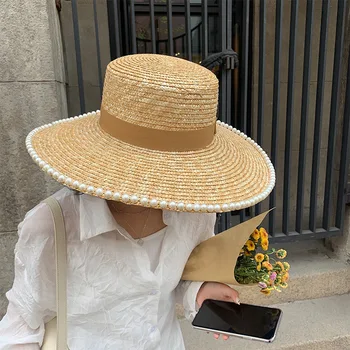 Zarif El Yapımı Doğal Hasır Şapka Kadınlar İçin Bandaj kurdele İnci Geniş Ağız güneş şapkası Derby Güneş Koruma Yaz Plaj Kapaklar