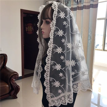 Beyaz Mantilla Dantel Katolik Peçe Şapel Kilise 3D Çiçek Baş Örtüsü Zarif Bayanlar Eşarp Latin Kitle Vela Vual Dentelle